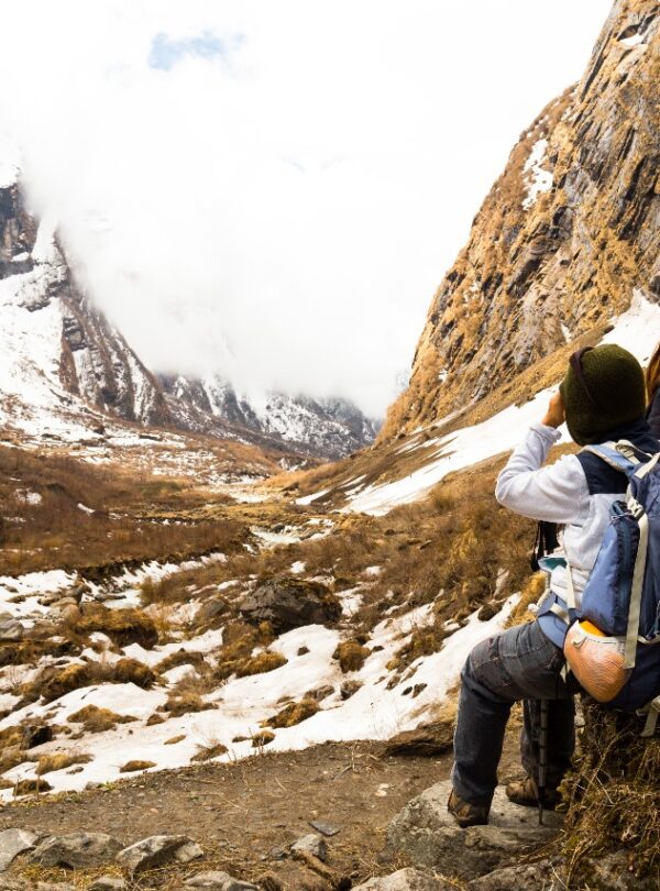 Trekkers walking through lush green trails on the way to Annapurna Base Camp with snow-capped peaks in the background.