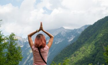 Annapurna region yoga trek with a panoramic mountain backdrop