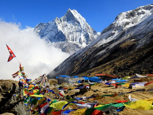 View of Annapurna mountain range at sunrise during the Annapurna Base Camp Trek in Nepal