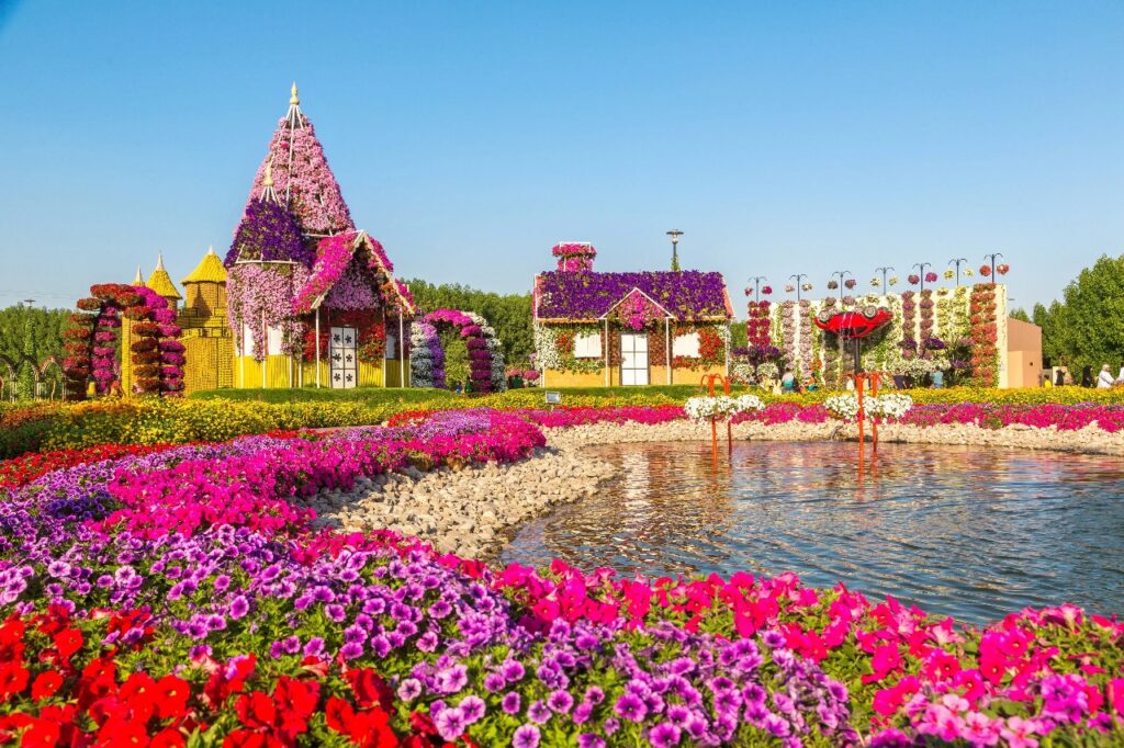Panoramic view of Dubai Miracle Garden with walking pathways surrounded by flowers