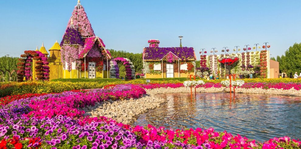 Panoramic view of Dubai Miracle Garden with walking pathways surrounded by flowers