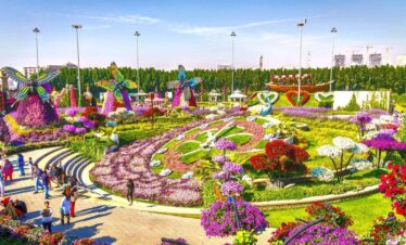 Visitors enjoying a sunny day among blooming flowers at Dubai Miracle Garden